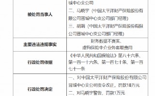 太保产险晋城中心支公司被罚18万元：因财务数据不真实 虚构保险中介业务套取费用