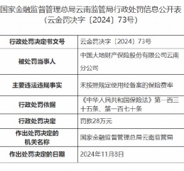 大地财险云南分公司被罚28万元：未按照规定使用经备案的保险费率