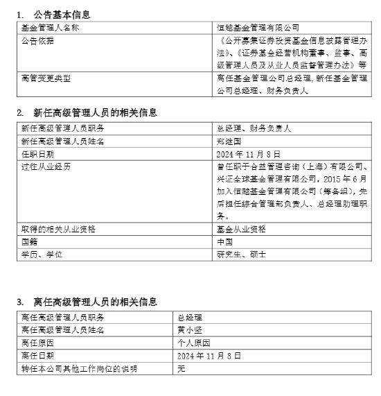 恒越基金高管变更：黄小坚结束4年4个月任期 郑继国升任总经理、财务负责人-第1张图片-山东威力重工