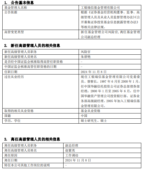 工银瑞信基金高管变更：副总经理赵紫英离任 新任朱碧艳为风险官-第1张图片-山东威力重工