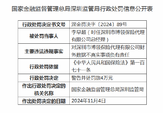 深圳市博领保险代理被罚20万元：因财务数据不真实-第2张图片-山东威力重工