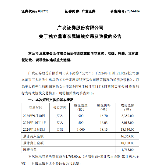 广发证券：独立董事王大树亲属短线交易公司股票-第1张图片-山东威力重工