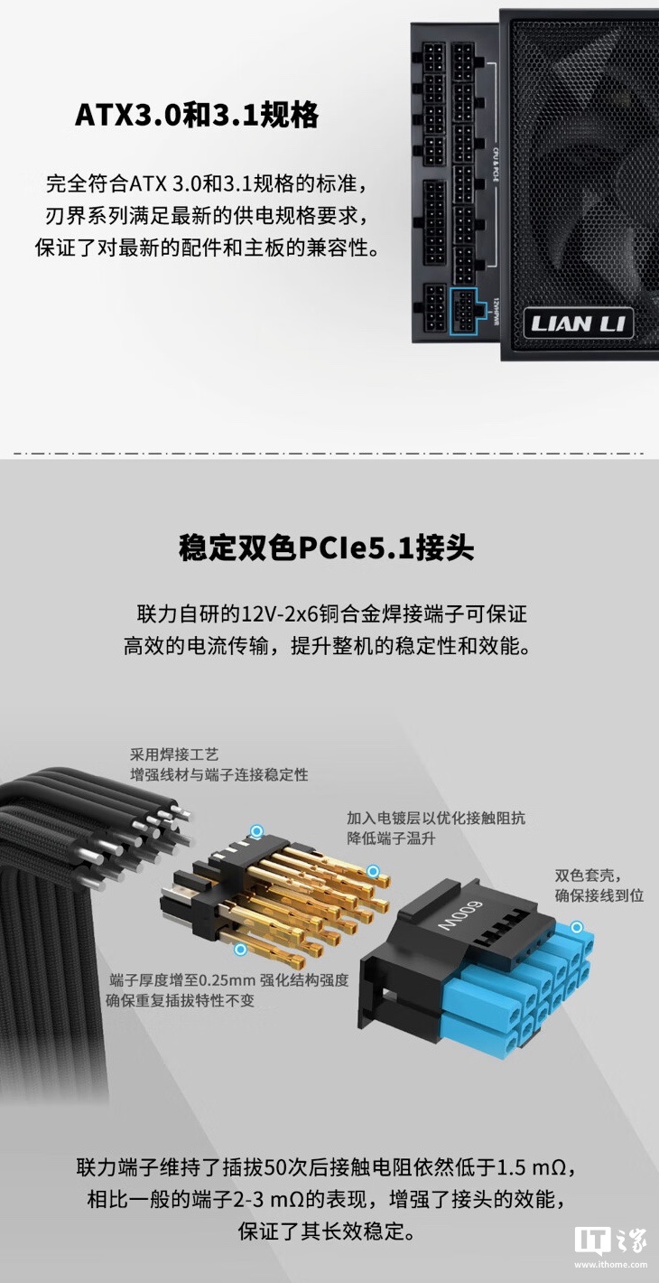 联力推出 EDGE“刃界”系列白金电源：可选 850/1000/1300W 功率、黑白双色，899 元起-第3张图片-山东威力重工