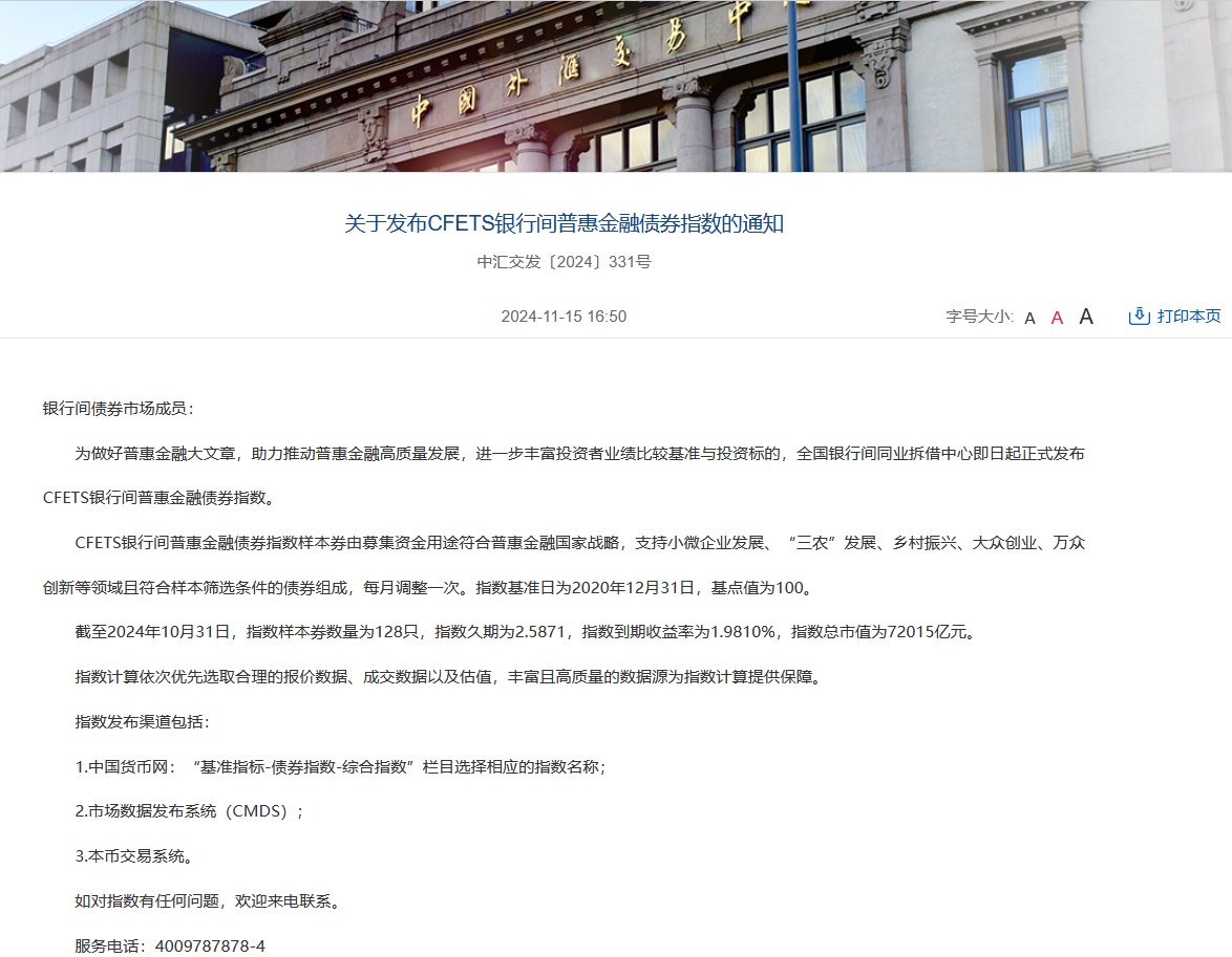 全国银行间同业拆借中心发布CFETS银行间普惠金融债券指数-第1张图片-山东威力重工