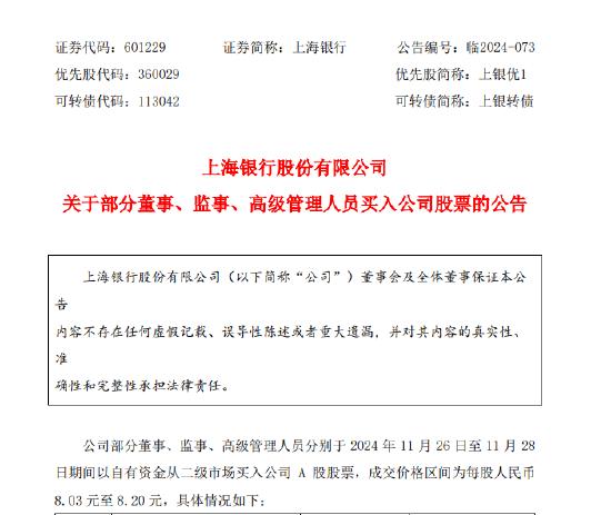 上海银行：部分董监高以自有资金买入公司股票 合计29.2万股-第1张图片-山东威力重工