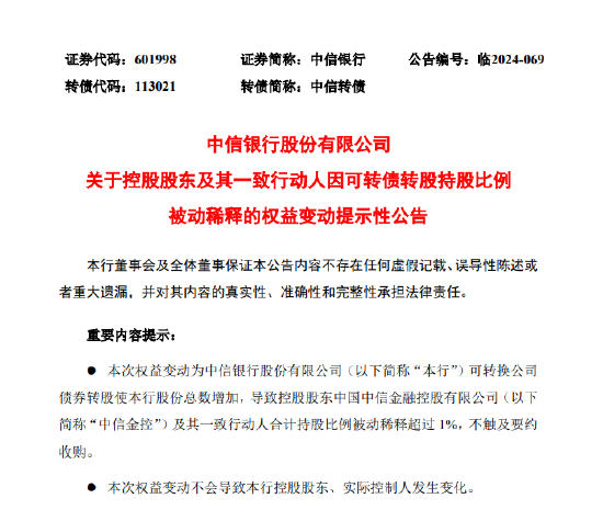 中信银行：控股股东及其一致行动人因可转债转股持股比例被动稀释超1%-第1张图片-山东威力重工